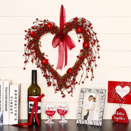 Glitzhome® 17" Valentine's Berry Heart Wreath